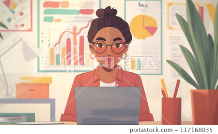 Young woman studying financial charts on laptop 117168035