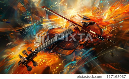 Encircled by notes and sound waves, a musical instrument resonates in harmony 117168087