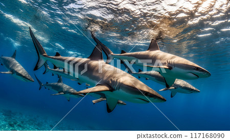 Sharks underwater. A pack of sharks in the blue abyss of the sea. Underwater shark shoal. AI Generated. 117168090