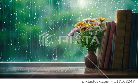Background with raindrops on the glass and books on the windowsill 117168247