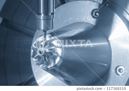 The 5-axis CNC milling machine  cutting the turbocharger part with solid ball nose end mill tool. 117168310