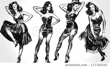 Images of beautiful women in various model poses in retro style 117168342