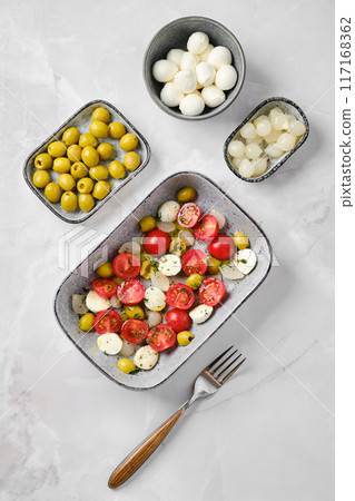 Overhead view of caprese salad Overhead view of caprese salad 117168362