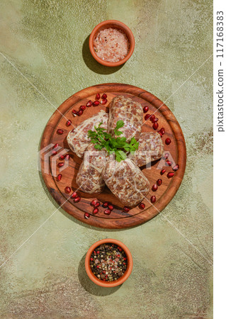 Overhead view of Georgian raw beef or lamb cutlets Overhead view of Georgian raw beef or lamb cutlets 117168383