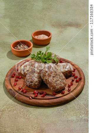 Traditional Georgian raw beef cutlets - Apkhazura with spice and herbs Traditional Georgian raw beef cutlets - Apkhazura with spice and herbs 117168384