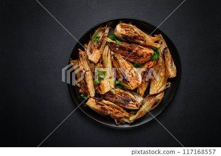 baked, oven-baked fennel, with spices, in olive oil, homemade, no people, 117168557