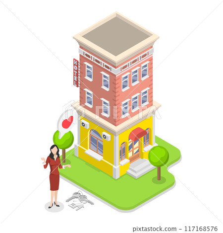 3D Isometric Flat Vector Illustration of Real Estate Types, Condominium, Detached House or Appartment. Item 2 3D Isometric Flat Vector Illustration of Real Estate Types, Condominium, Detached House or Appartment. Item 2 117168576