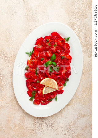 Salmon gravlax with beetroot, Scandinavian snack, beet gravlax, lightly salted fish, homemade, no people, 117168616