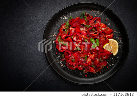 Salmon gravlax with beetroot, Scandinavian snack, beet gravlax, lightly salted fish, homemade, no people, 117168618