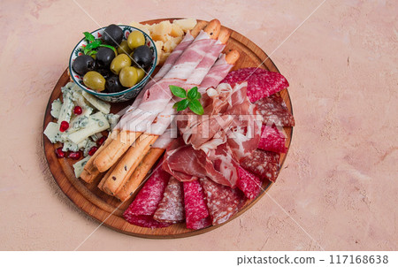 Appetizer, assortment, set, sausage, and cheese, on a wooden board, top view, no people, Appetizer, assortment, set, sausage, and cheese, on a wooden board, top view, no people, 117168638