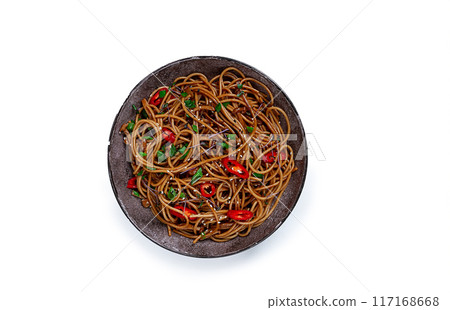 udon noodles, with shimeji mushrooms, vegetables, in sauce, with sesame seeds, green onions, Asian vegetarian food, horizontal, without people, 117168668
