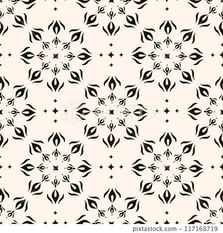 Vector geometric floral pattern. Ornamental seamless texture in traditional ethnic style. Abstract monochrome ornament with flower shapes. Vector geometric floral pattern. Ornamental seamless texture in traditional ethnic style. Abstract monochrome ornament with flower shapes. 117168719
