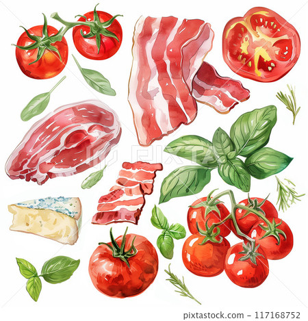 Tomato, basil, cheese, prosciutto, bacon watercolor illustration Generative AI 117168752