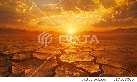Beautiful sunset casting a golden glow over a cracked, barren, dry landscape. Drought and heat waves 117168860