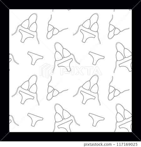 Lingerie seamless pattern with flat line icons of bra types, panties. Woman underwear background, vector illustrations of brassiere, bikini, swimwear. Cute white wallpaper for clothes store. 117169025