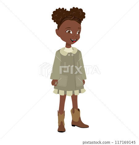 Flat Vector Illustration of Cute African American Kid Girl Wearing a Coat and Boots, Cartoon Character Set For Animation, Various Views, Poses and Gestures. Item 2 117169145