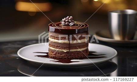 cake with chocolate cream and a cup of coffe 117169227