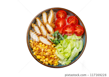 poke bowl with chicken teriyaki isolated on white background. top view, 117169228