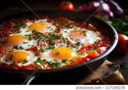 shakshuka, on a wooden table. healthy food. shakshuka, on a wooden table. healthy food. 117169236