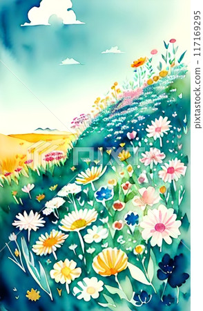 a painting of flowers in a field with a sky background and clouds above it, with a blue sky and a few white clouds 117169295