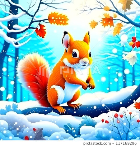 ? squirrel with a tail is sitting on a branch in winter. Generative AI 117169296