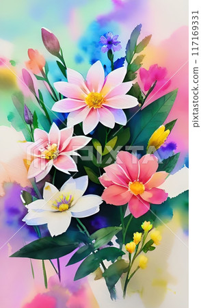 a colorful bouquet, likely consisting of a variety of flowers, which could include a mix of hues and species, arranged together to form a visually pleasing display 117169331