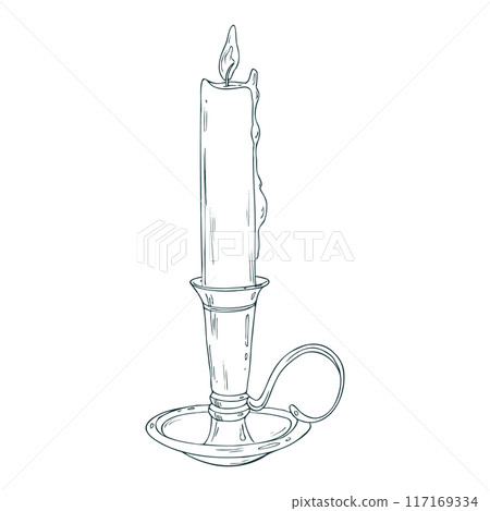 Candlestick with handle with burning candle with wax drips, antique, retro, vintage. Line art is a simple hand-drawn illustration in black and white ink. Isolated vector EPS object. 117169334