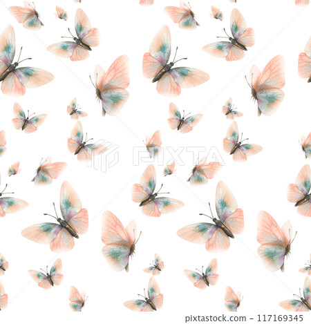 Delicate, flying, elegant butterflies in the trendy pastel color peach fuzz in a vintage style. Hand drawn watercolor illustration. Seamless pattern, repeating ornament on a white background Delicate, flying, elegant butterflies in the trendy pastel color peach fuzz in a vintage style. Hand drawn watercolor illustration. Seamless pattern, repeating ornament on a white background 117169345
