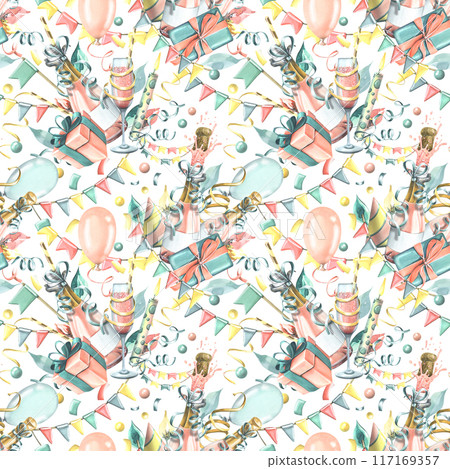 Festive balloons, gifts, champagne in glasses and bottles, confetti and flag garlands. Watercolor illustration hand drawn. Seamless pattern on a white background. Festive balloons, gifts, champagne in glasses and bottles, confetti and flag garlands. Watercolor illustration hand drawn. Seamless pattern on a white background. 117169357