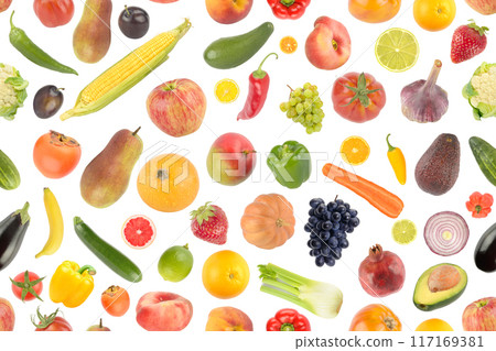 Seamless collection fresh berries, vegetables and fruits isolated on white 117169381