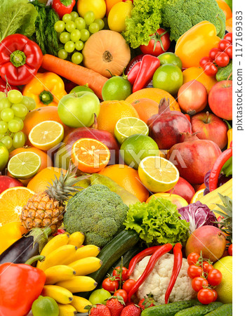 Large background of ripe berries, vegetables and fruits. Food concept. 117169383