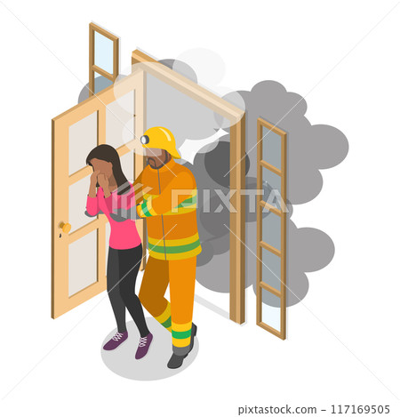 3D Isometric Flat Vector Set of Rescue Services, First Aid Sssistance for Drowning and Fire Victims. Item 1 117169505