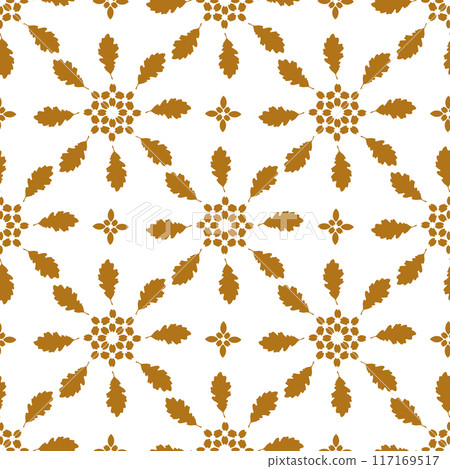 This stylish pattern features golden leaves and vibrant flowers on a white background, perfect for various designs This stylish pattern features golden leaves and vibrant flowers on a white background, perfect for various designs 117169517