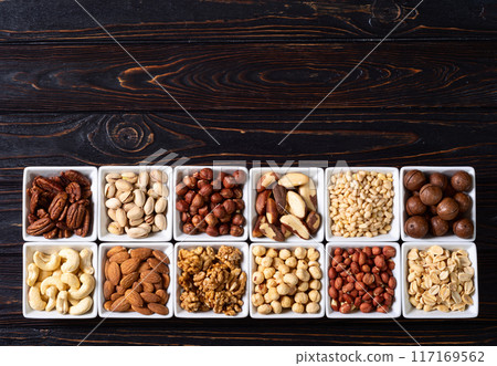 Mix of dried and candied fruits and nuts 117169562