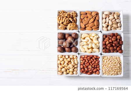 Mix of nuts in bowl . Food background Mix of nuts in bowl . Food background 117169564