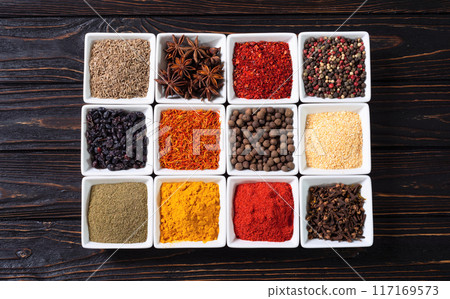 Mix of spices . Indian food background 117169573