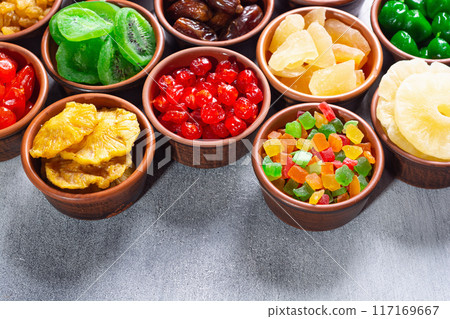 Group of dried and candied fruit in bowl Group of dried and candied fruit in bowl 117169667
