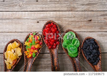 Group of dried and candied fruit in bowl Group of dried and candied fruit in bowl 117169673