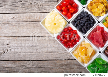 Group of dried and candied fruit in bowl Group of dried and candied fruit in bowl 117169677