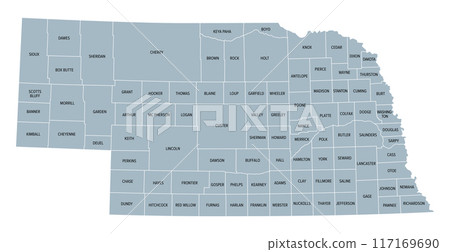 Nebraska, U.S. state, subdivided into 93 counties, gray political map with borders and county names. Triply landlocked state in the Midwestern region of United States, nicknamed The Cornhusker State. 117169690