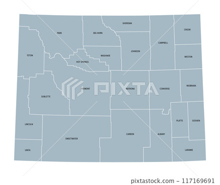 Wyoming, U.S. state, subdivided into 23 counties, gray political map with county names. State in the Mountain West region of the United States, nicknamed Equality and Cowboy State, and Big Wyoming. 117169691