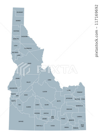 Idaho, U.S. state, subdivided into 44 counties, gray political map with borders and county names. State in the Mountain West region of the United States, nicknamed The Gem State, or The Potato State. 117169692