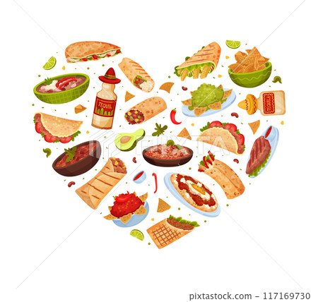 Traditional Mexican Dish Heart Composition Design with Food Vector Template 117169730