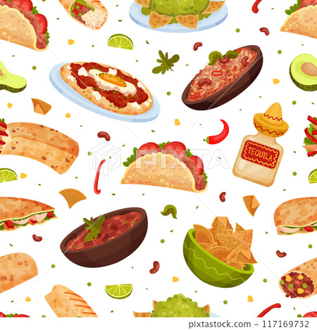 Traditional Mexican Dish Seamless Pattern Design with Food Vector Template 117169732