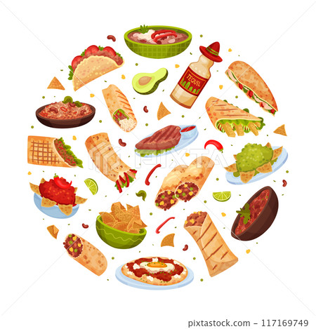 Traditional Mexican Dish Round Composition Design with Food Vector Template 117169749