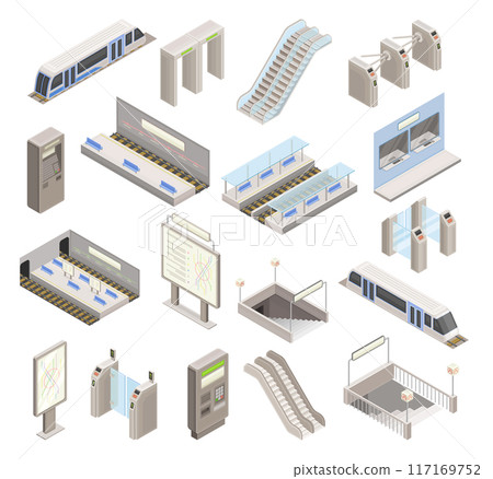 Isometric Metro Station Element Collection with Train, Escalator and Map Vector Set 117169752