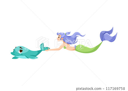 Pretty Mermaid Character with Fish Tail and Female Body with Dolphin Vector Illustration 117169758