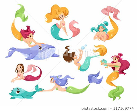Pretty Mermaid Character with Fish Tail and Female Body Vector Set 117169774