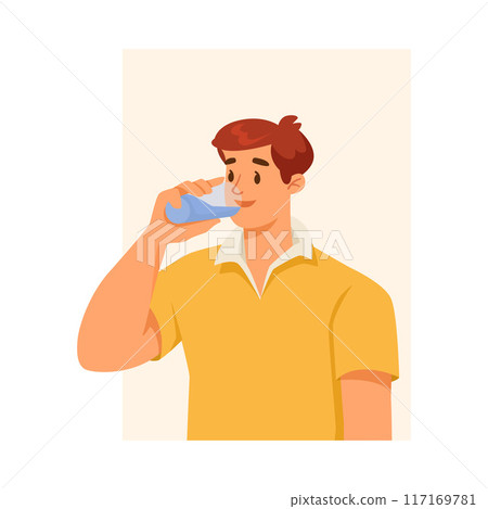 Man Character Drinking Pure Water Supports Immunity Engaged in Healthy Lifestyle Vector Illustration Man Character Drinking Pure Water Supports Immunity Engaged in Healthy Lifestyle Vector Illustration 117169781