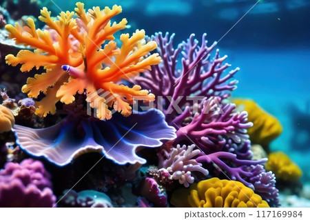 Colorful close-up view of a coral reef. 117169984
